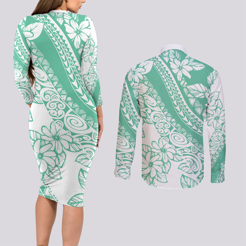 Polynesian Tiare Flower Cyan Pastel Vibes Couples Matching Long Sleeve Bodycon Dress and Long Sleeve Button Shirt LT14 - Polynesian Pride