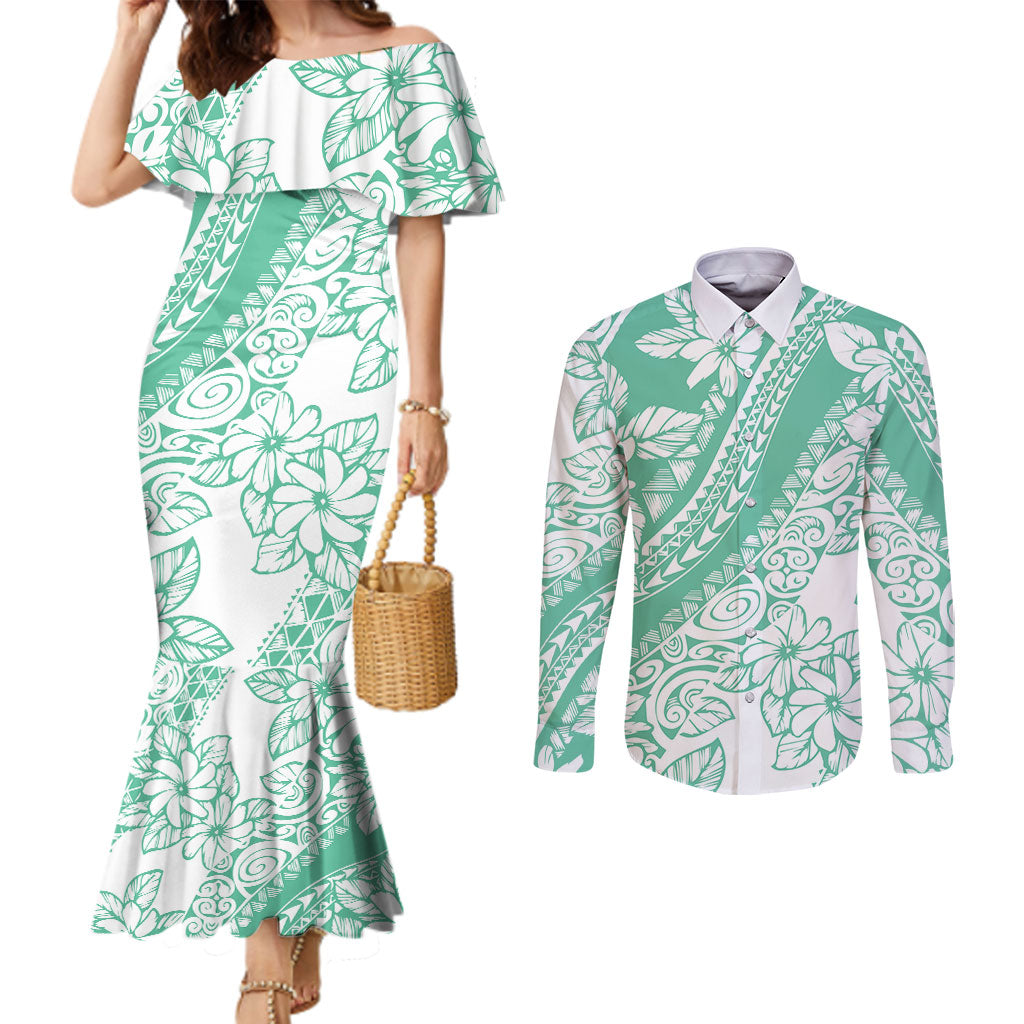 Polynesian Tiare Flower Cyan Pastel Vibes Couples Matching Mermaid Dress and Long Sleeve Button Shirt LT14 Cyan - Polynesian Pride