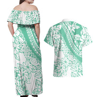 Polynesian Tiare Flower Cyan Pastel Vibes Couples Matching Off Shoulder Maxi Dress and Hawaiian Shirt LT14 - Polynesian Pride