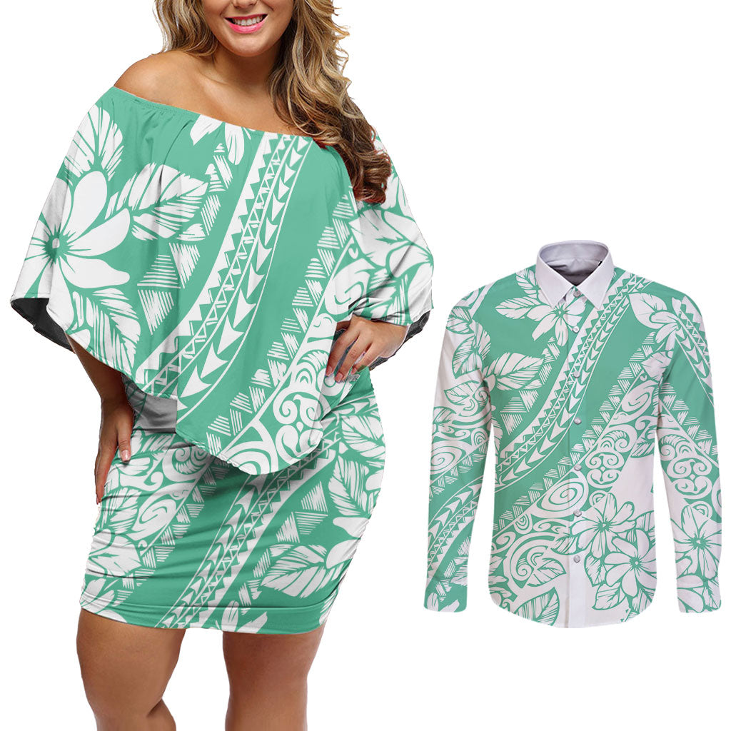 Polynesian Tiare Flower Cyan Pastel Vibes Couples Matching Off Shoulder Short Dress and Long Sleeve Button Shirt