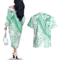 Polynesian Tiare Flower Cyan Pastel Vibes Couples Matching Off The Shoulder Long Sleeve Dress and Hawaiian Shirt LT14 - Polynesian Pride