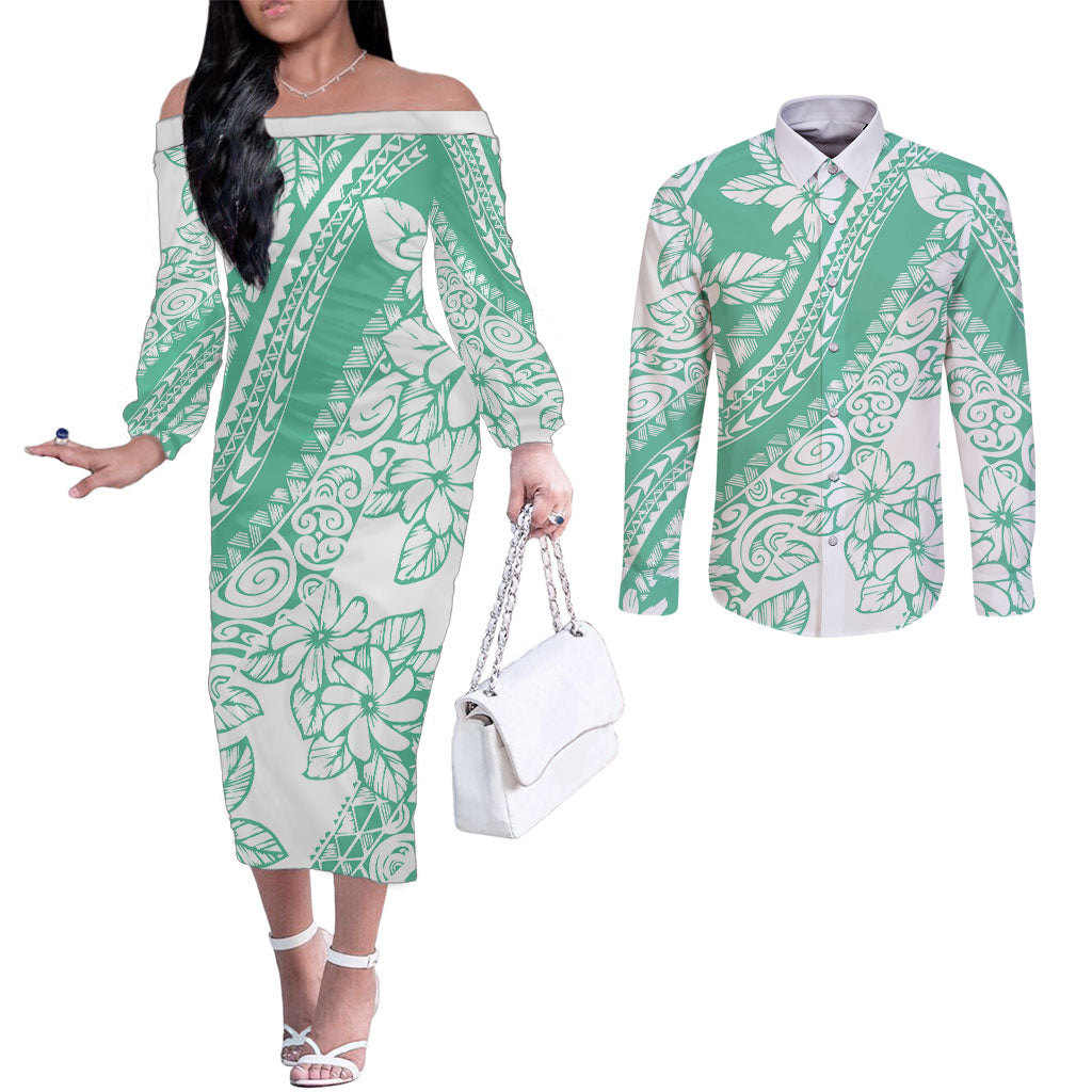 Polynesian Tiare Flower Cyan Pastel Vibes Couples Matching Off The Shoulder Long Sleeve Dress and Long Sleeve Button Shirt LT14 Cyan - Polynesian Pride