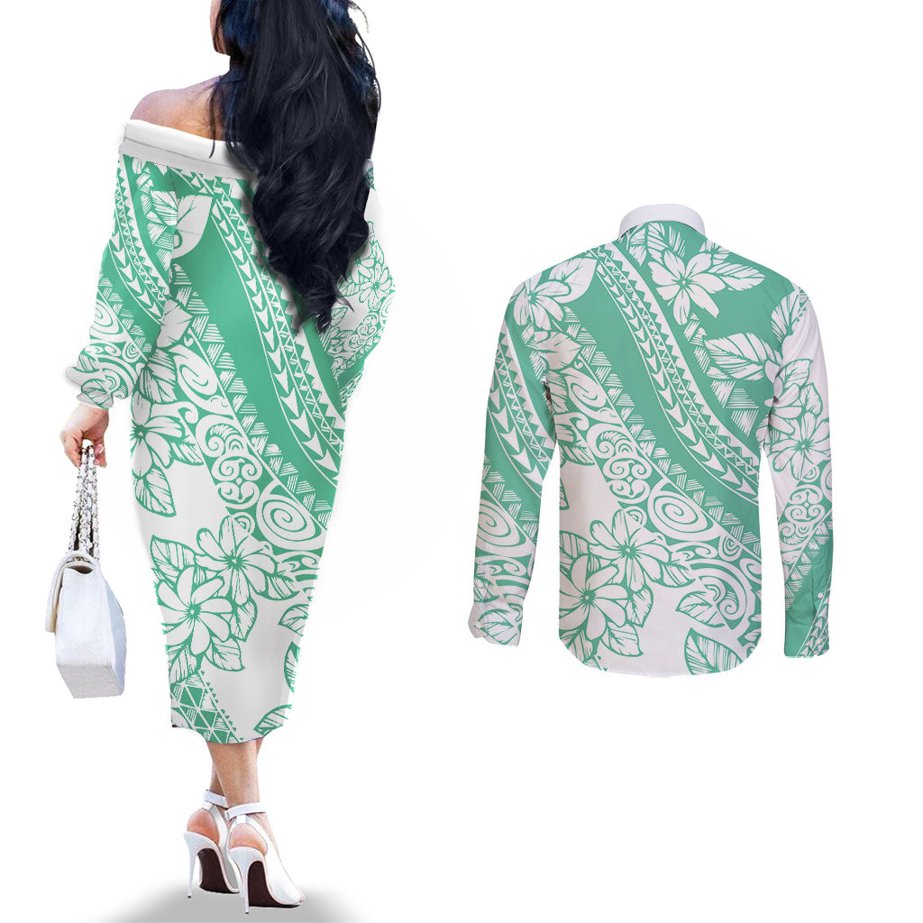 Polynesian Tiare Flower Cyan Pastel Vibes Couples Matching Off The Shoulder Long Sleeve Dress and Long Sleeve Button Shirt LT14 - Polynesian Pride