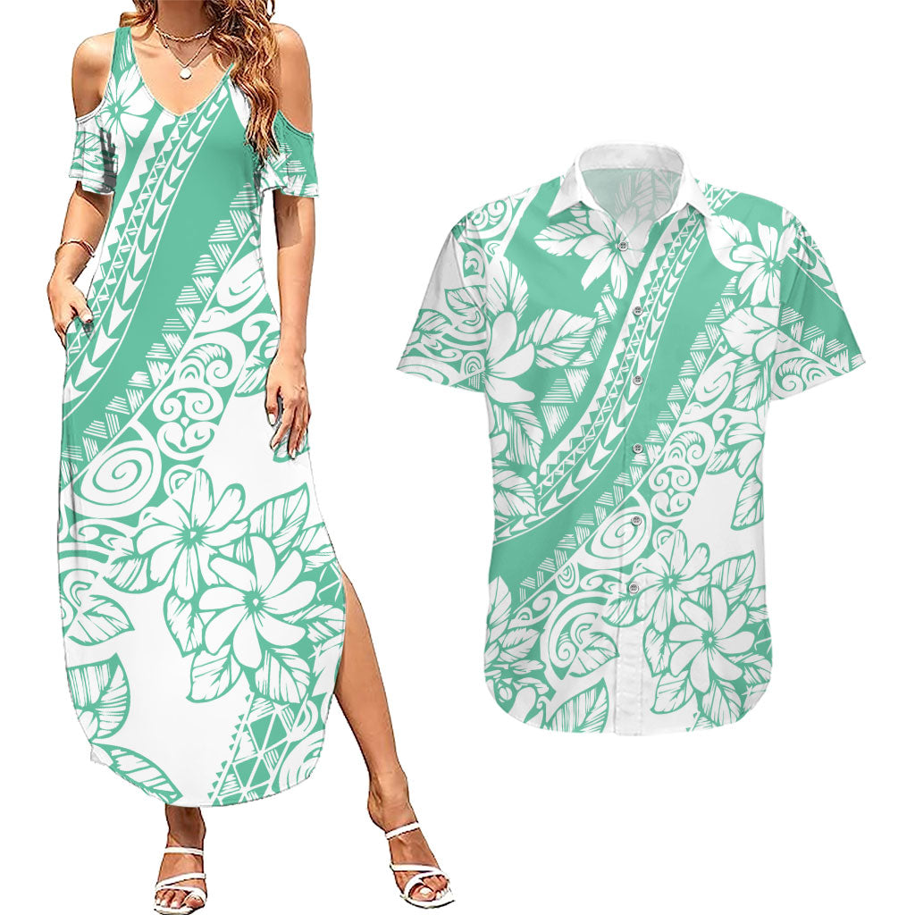 Polynesian Tiare Flower Cyan Pastel Vibes Couples Matching Summer Maxi Dress and Hawaiian Shirt