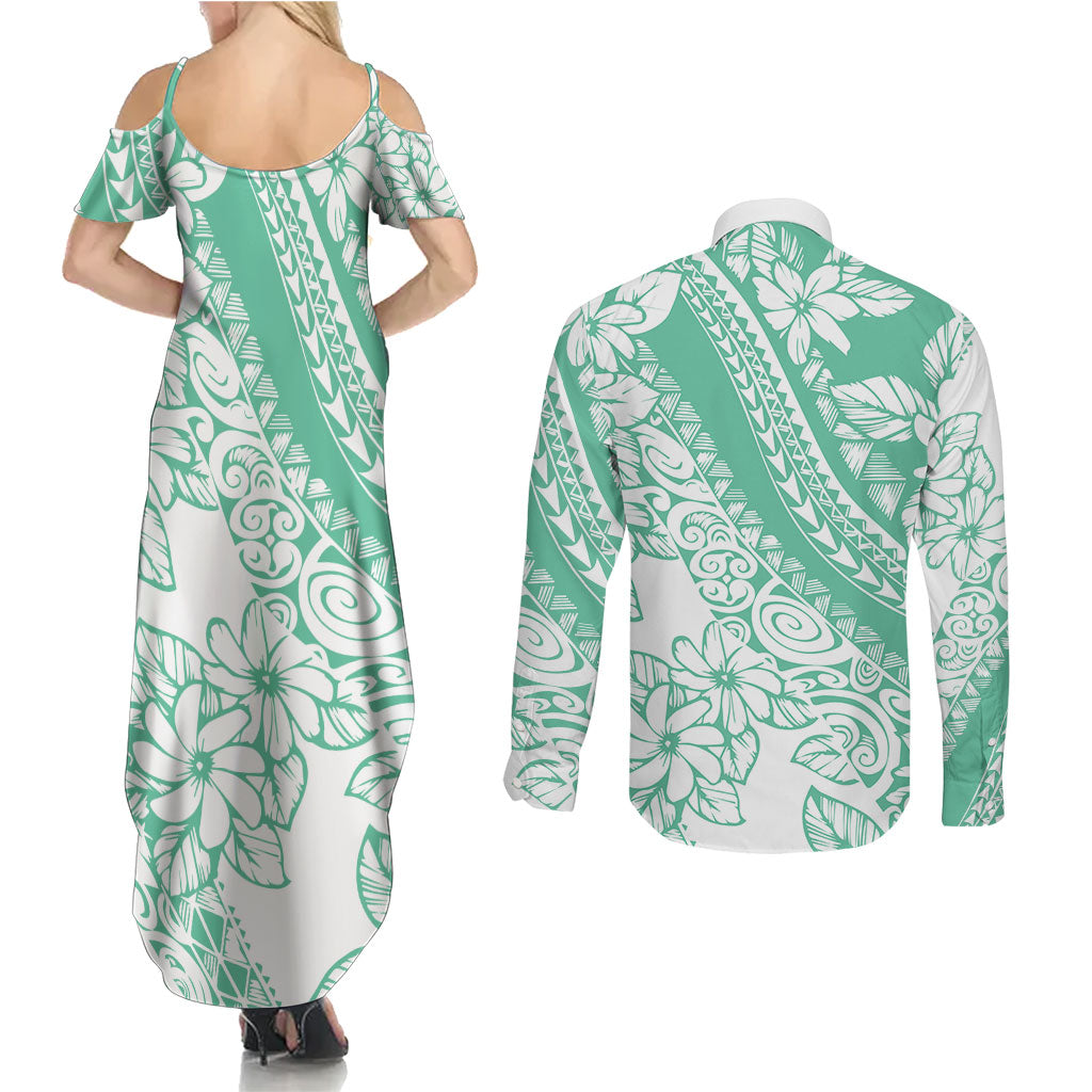Polynesian Tiare Flower Cyan Pastel Vibes Couples Matching Summer Maxi Dress and Long Sleeve Button Shirt