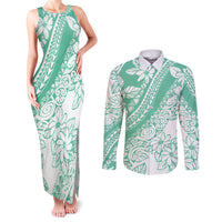 Polynesian Tiare Flower Cyan Pastel Vibes Couples Matching Tank Maxi Dress and Long Sleeve Button Shirt