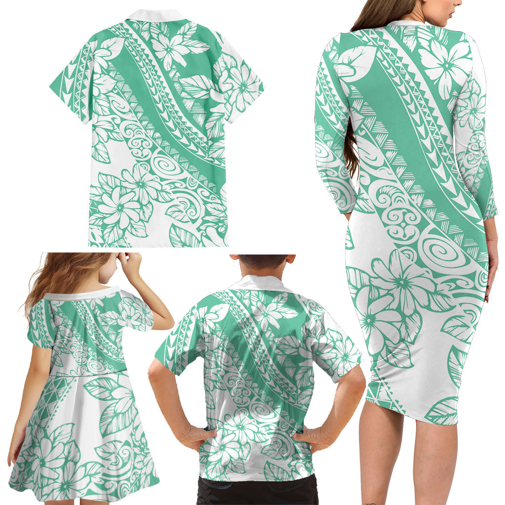 Polynesian Tiare Flower Cyan Pastel Vibes Family Matching Long Sleeve Bodycon Dress and Hawaiian Shirt LT14 - Polynesian Pride