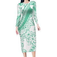 Polynesian Tiare Flower Cyan Pastel Vibes Family Matching Long Sleeve Bodycon Dress and Hawaiian Shirt LT14 Mom's Dress Cyan - Polynesian Pride