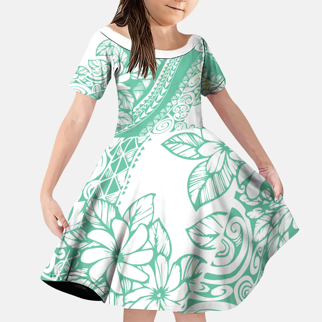 Polynesian Tiare Flower Cyan Pastel Vibes Family Matching Off The Shoulder Long Sleeve Dress and Hawaiian Shirt LT14 Daughter's Dress Cyan - Polynesian Pride