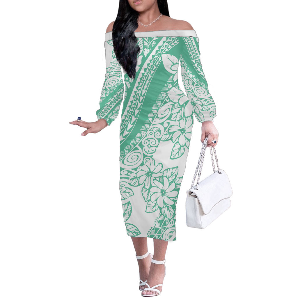 Polynesian Tiare Flower Cyan Pastel Vibes Family Matching Off The Shoulder Long Sleeve Dress and Hawaiian Shirt LT14 Mom's Dress Cyan - Polynesian Pride