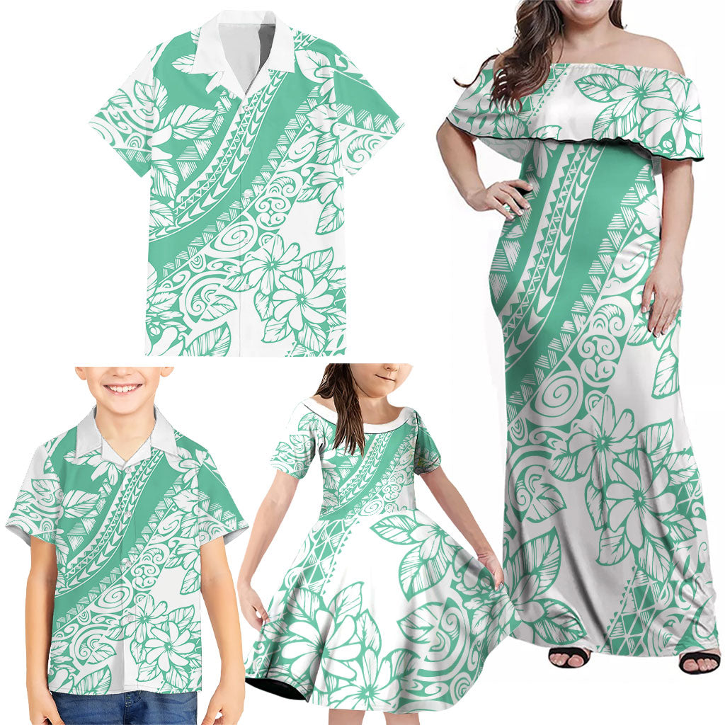 Polynesian Tiare Flower Cyan Pastel Vibes Family Matching Off Shoulder Maxi Dress and Hawaiian Shirt
