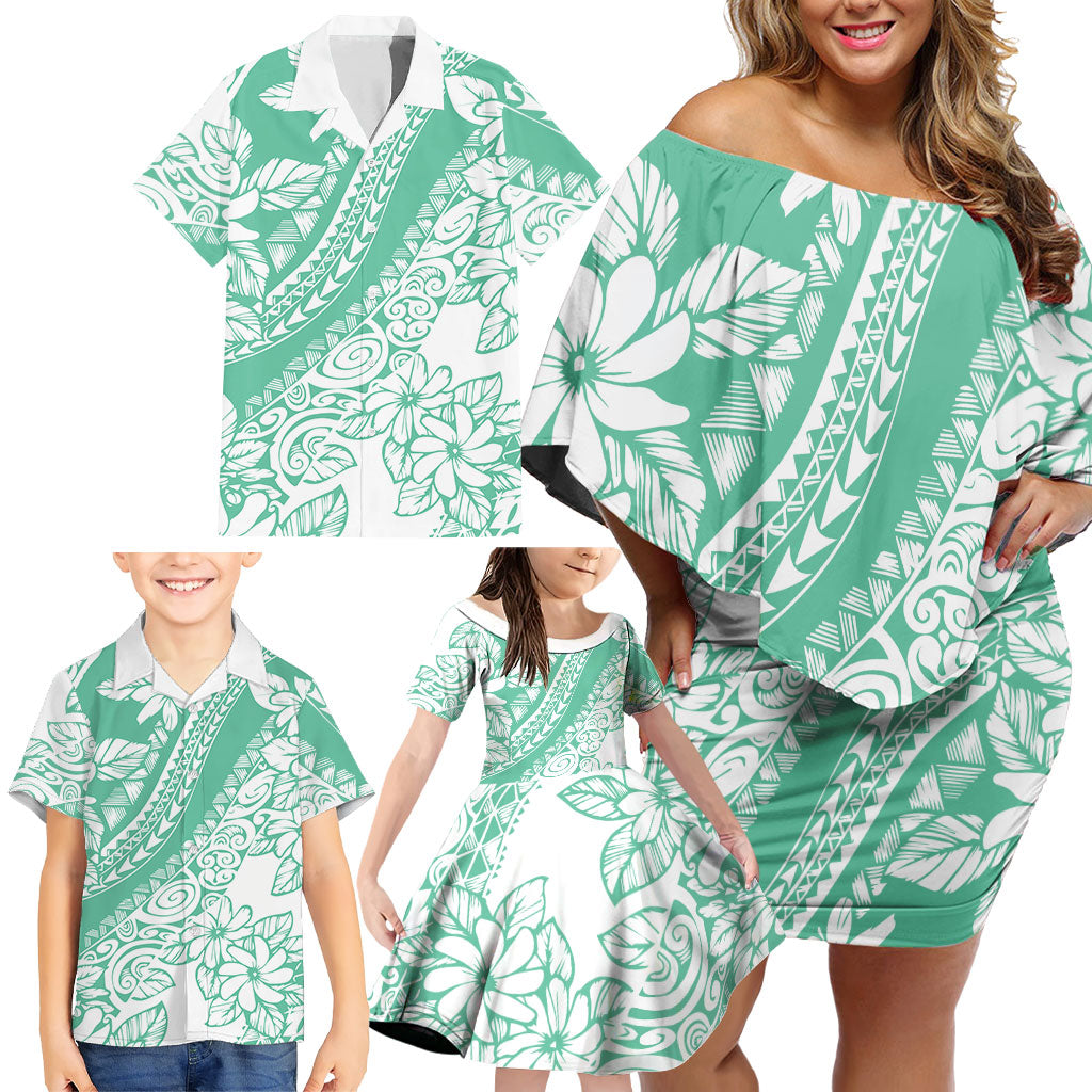 Polynesian Tiare Flower Cyan Pastel Vibes Family Matching Off Shoulder Short Dress and Hawaiian Shirt LT14 - Polynesian Pride