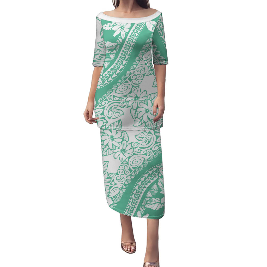 Polynesian Tiare Flower Cyan Pastel Vibes Family Matching Puletasi and Hawaiian Shirt LT14 Mom's Dress Cyan - Polynesian Pride