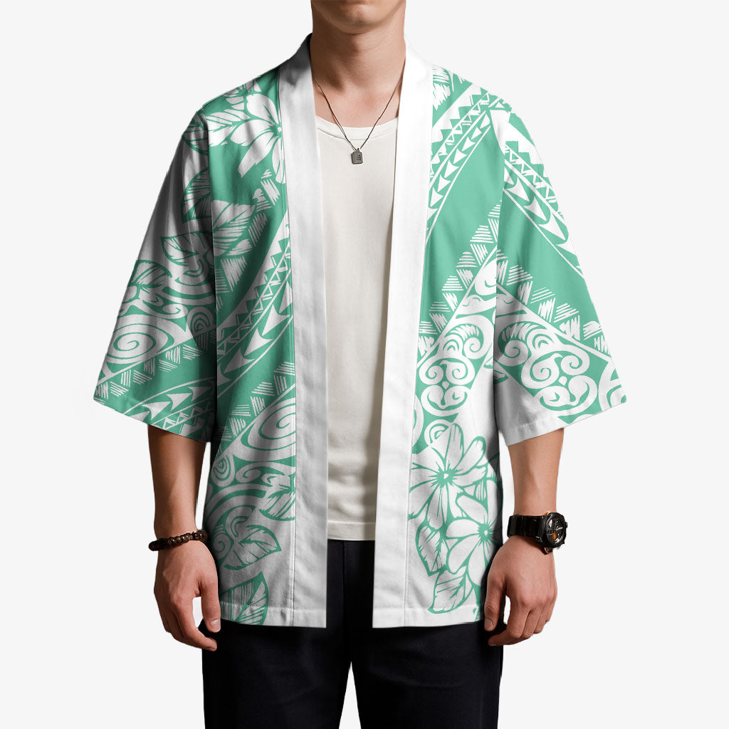 Polynesian Tiare Flower Cyan Pastel Vibes Kimono
