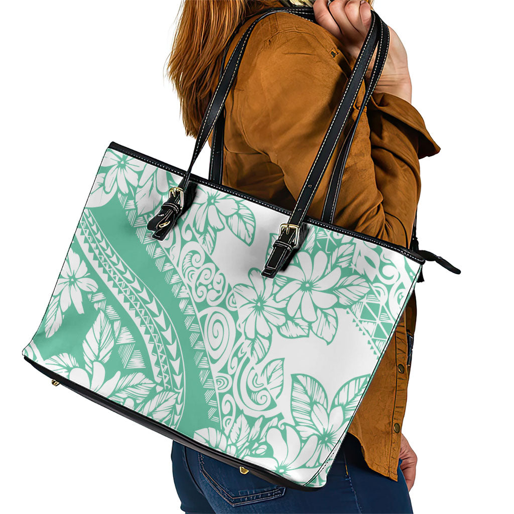 Polynesian Tiare Flower Cyan Pastel Vibes Leather Tote Bag