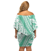 Polynesian Tiare Flower Cyan Pastel Vibes Off Shoulder Short Dress