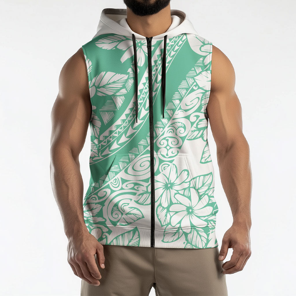 Polynesian Tiare Flower Cyan Pastel Vibes Sleeveless Zip Hoodie