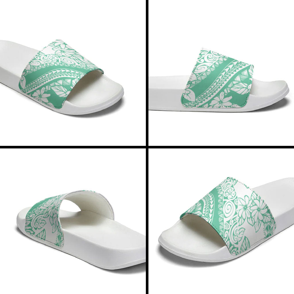 Polynesian Tiare Flower Cyan Pastel Vibes Slide Sandals