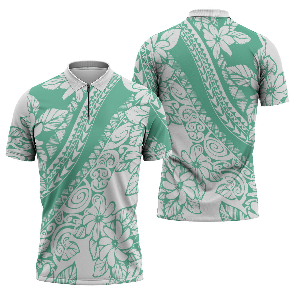 Polynesian Tiare Flower Cyan Pastel Vibes Zipper Polo Shirt