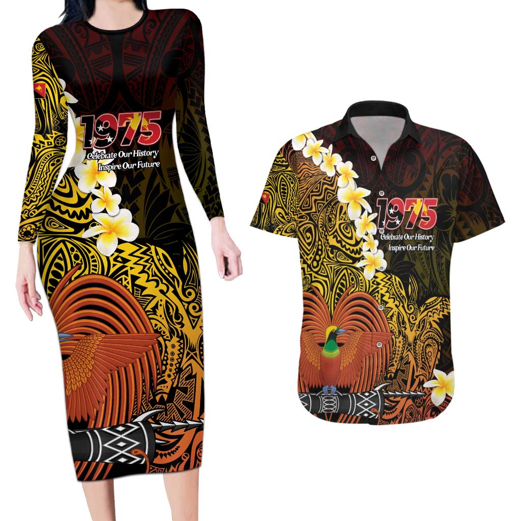 Papua New Guinea 1975 Couples Matching Long Sleeve Bodycon Dress and Hawaiian Shirt Create Our History Inspire Our Future LT14 Black - Polynesian Pride