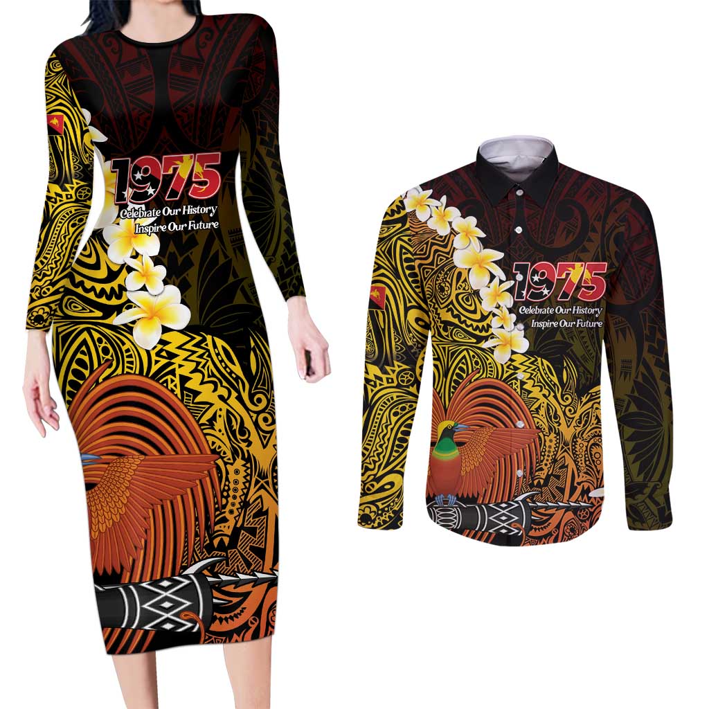 Papua New Guinea 1975 Couples Matching Long Sleeve Bodycon Dress and Long Sleeve Button Shirt Create Our History Inspire Our Future LT14 Black - Polynesian Pride