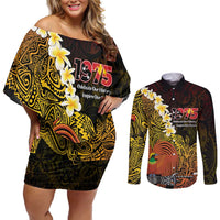 Papua New Guinea 1975 Couples Matching Off Shoulder Short Dress and Long Sleeve Button Shirt Create Our History Inspire Our Future LT14 Black - Polynesian Pride