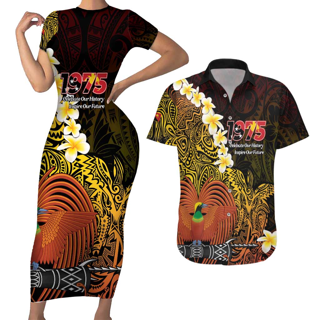 Papua New Guinea 1975 Couples Matching Short Sleeve Bodycon Dress and Hawaiian Shirt Create Our History Inspire Our Future LT14 Black - Polynesian Pride