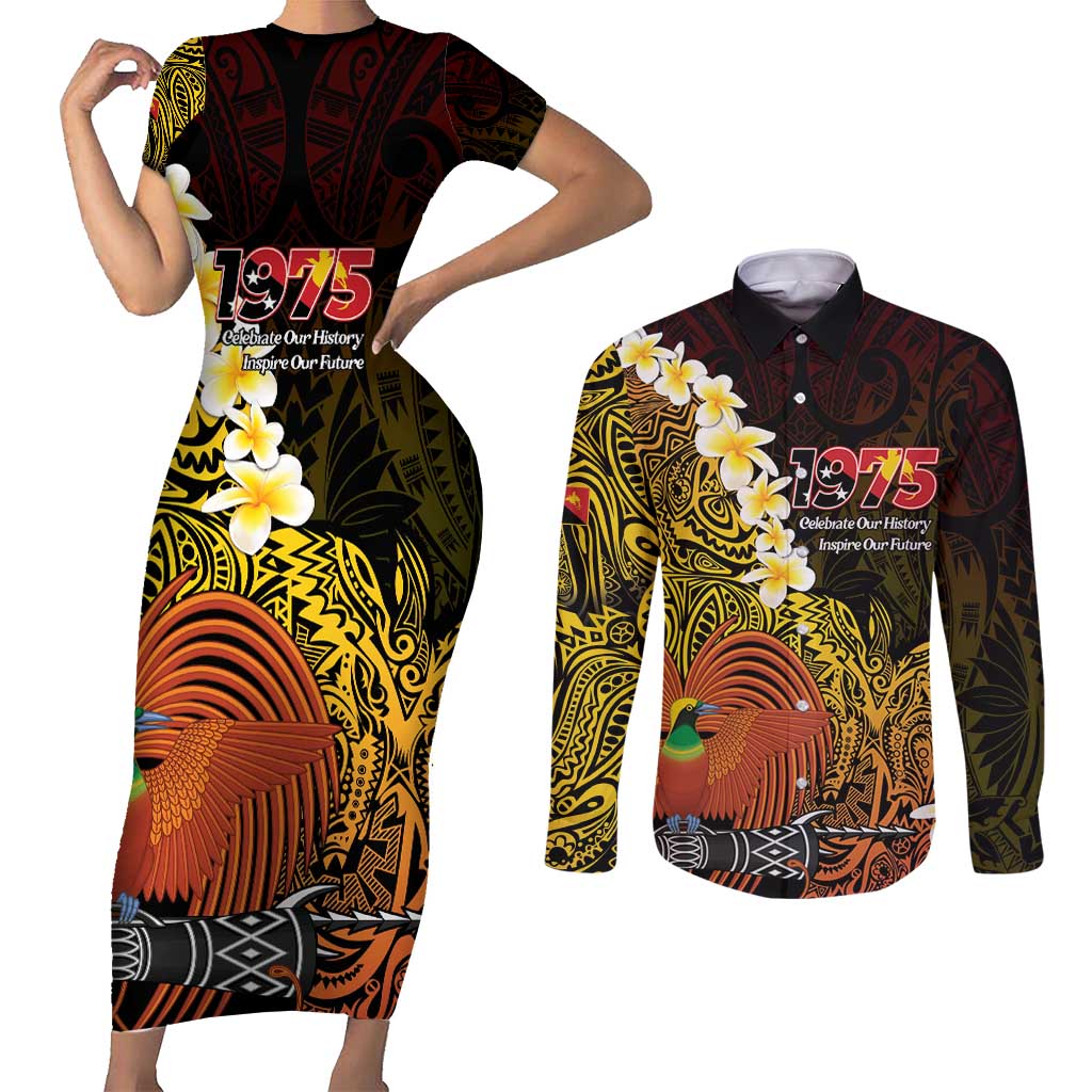 Papua New Guinea 1975 Couples Matching Short Sleeve Bodycon Dress and Long Sleeve Button Shirt Create Our History Inspire Our Future LT14 Black - Polynesian Pride