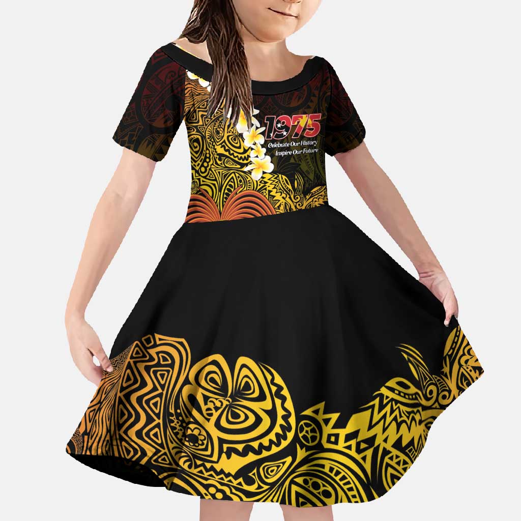 Papua New Guinea 1975 Family Matching Off Shoulder Maxi Dress and Hawaiian Shirt Create Our History Inspire Our Future LT14 Daughter's Dress Black - Polynesian Pride