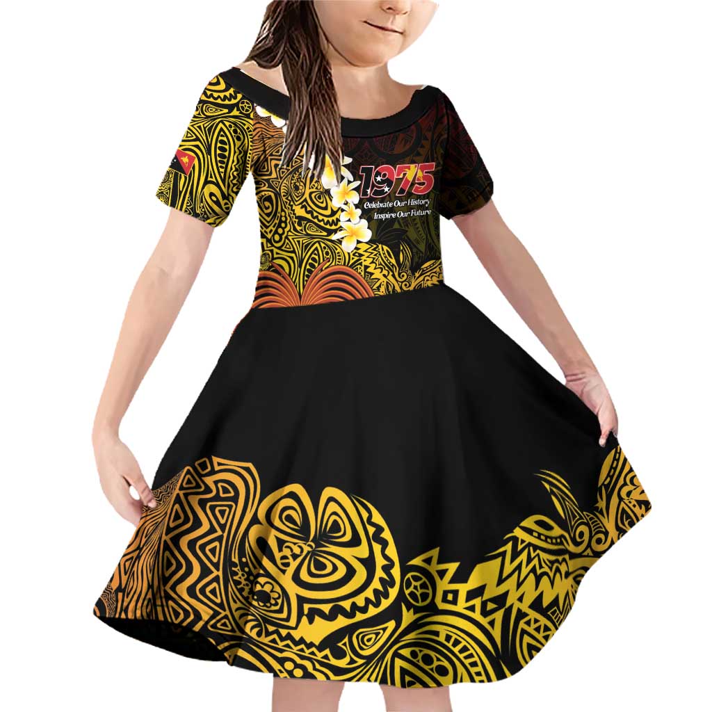 Papua New Guinea 1975 Family Matching Off Shoulder Short Dress and Hawaiian Shirt Create Our History Inspire Our Future LT14 Daughter's Dress Black - Polynesian Pride
