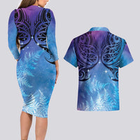 New Zealand Matariki Couples Matching Long Sleeve Bodycon Dress and Hawaiian Shirt Aotearoa Maori New Year Galaxy Maori Silver Fern LT14 - Polynesian Pride