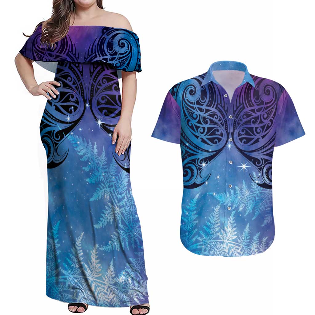 New Zealand Matariki Couples Matching Off Shoulder Maxi Dress and Hawaiian Shirt Aotearoa Maori New Year Galaxy Maori Silver Fern LT14 Blue - Polynesian Pride