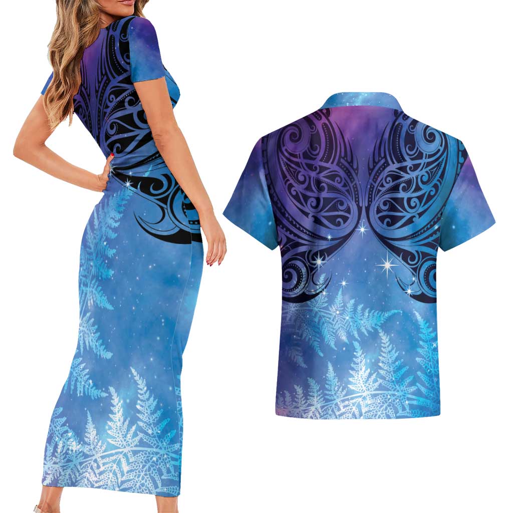 New Zealand Matariki Couples Matching Short Sleeve Bodycon Dress and Hawaiian Shirt Aotearoa Maori New Year Galaxy Maori Silver Fern LT14 - Polynesian Pride