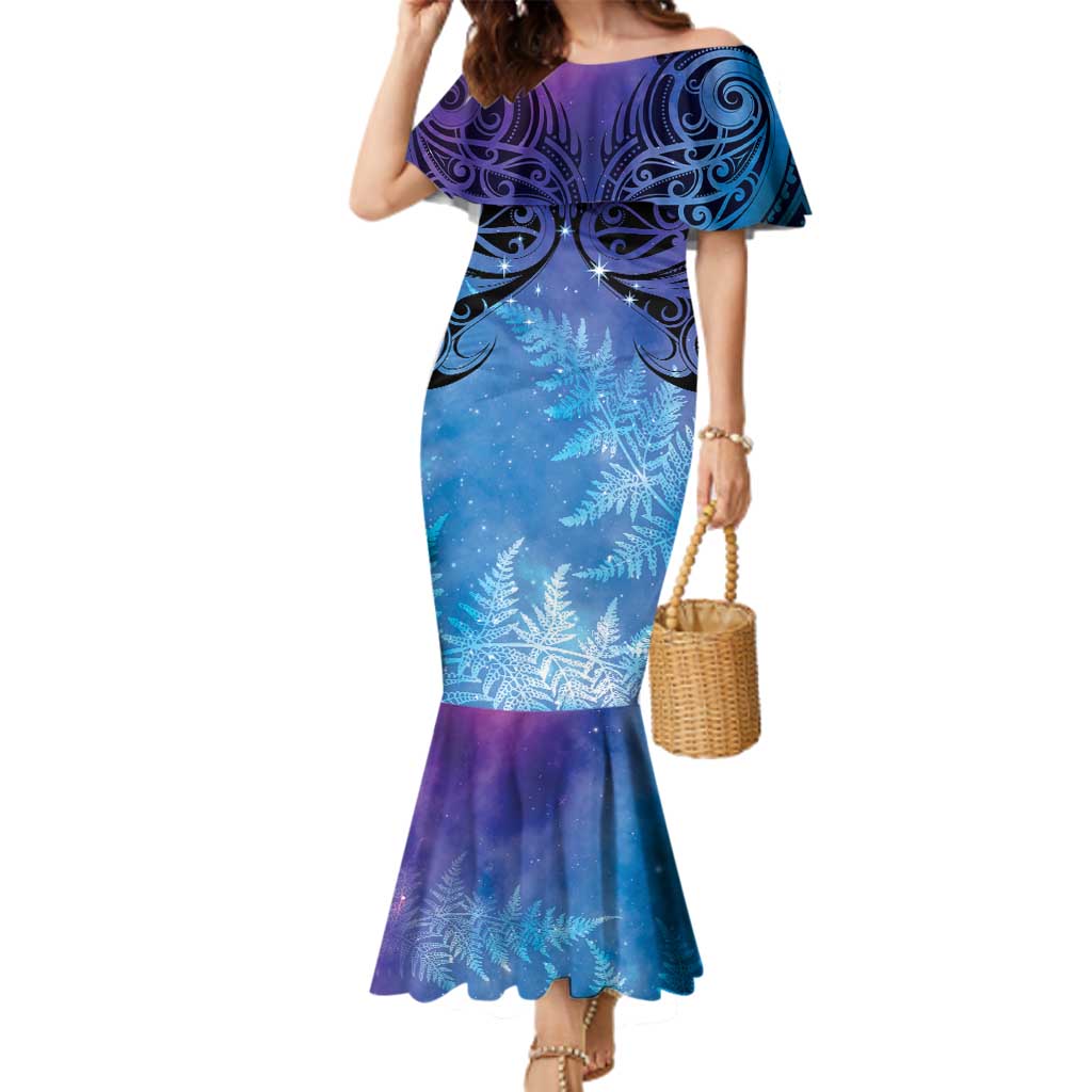 New Zealand Matariki Family Matching Mermaid Dress and Hawaiian Shirt Aotearoa Maori New Year Galaxy Maori Silver Fern LT14 Mom's Dress Blue - Polynesian Pride