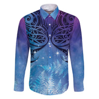 New Zealand Matariki Family Matching Puletasi and Hawaiian Shirt Aotearoa Maori New Year Galaxy Maori Silver Fern LT14 Dad's Shirt - Long Sleeve Blue - Polynesian Pride