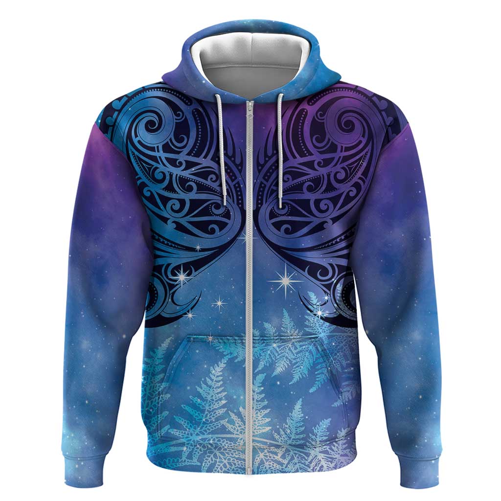 New Zealand Matariki Hoodie Aotearoa Maori New Year Galaxy Maori Silver Fern LT14 Zip Hoodie Blue - Polynesian Pride