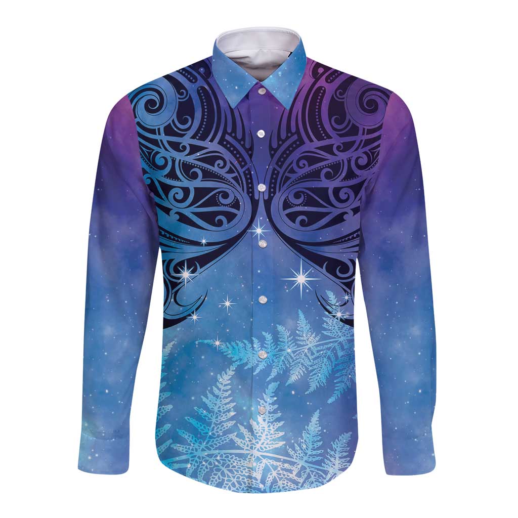 New Zealand Matariki Long Sleeve Button Shirt Aotearoa Maori New Year Galaxy Maori Silver Fern LT14 Unisex Blue - Polynesian Pride