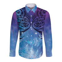New Zealand Matariki Long Sleeve Button Shirt Aotearoa Maori New Year Galaxy Maori Silver Fern LT14 Unisex Blue - Polynesian Pride