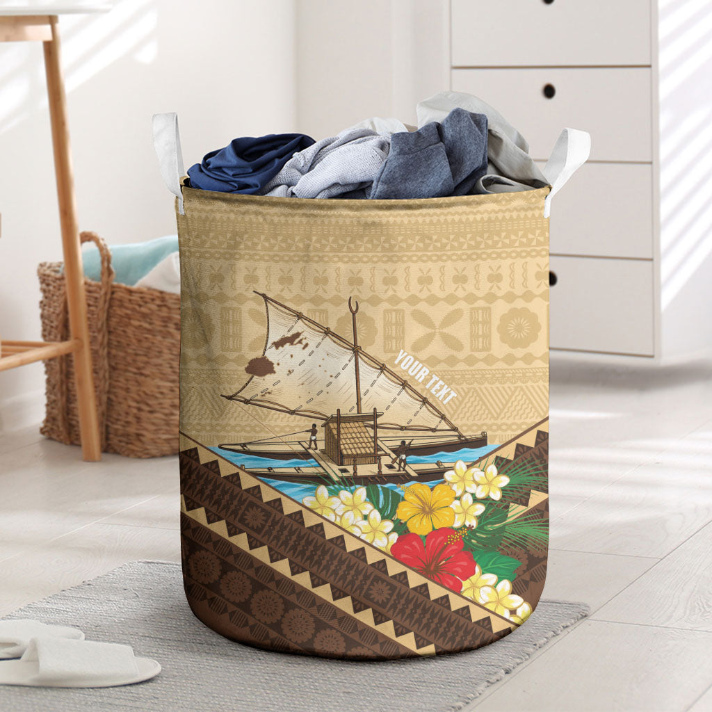 Personalised Bula Vinaka Fiji Drua Laundry Basket Fijian Traditional Canoe Tapa Cloth Beige