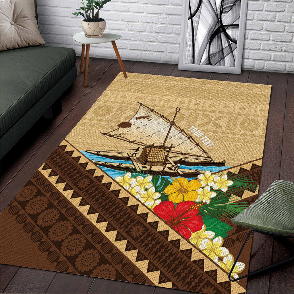 Personalised Bula Vinaka Fiji Drua Area Rug Fijian Traditional Canoe Tapa Cloth Beige