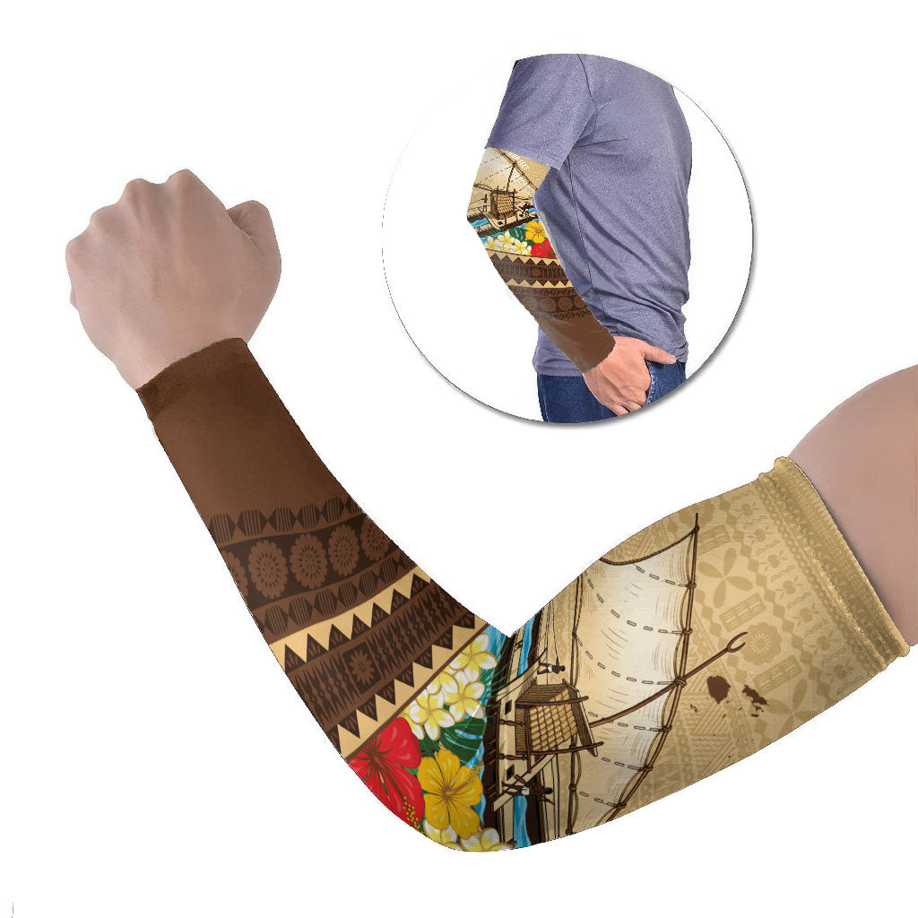 Personalised Bula Vinaka Fiji Drua Arm Sleeves Fijian Traditional Canoe Tapa Cloth Beige