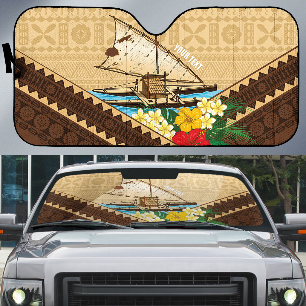 Personalised Bula Vinaka Fiji Drua Auto Sun Shade Fijian Traditional Canoe Tapa Cloth Beige