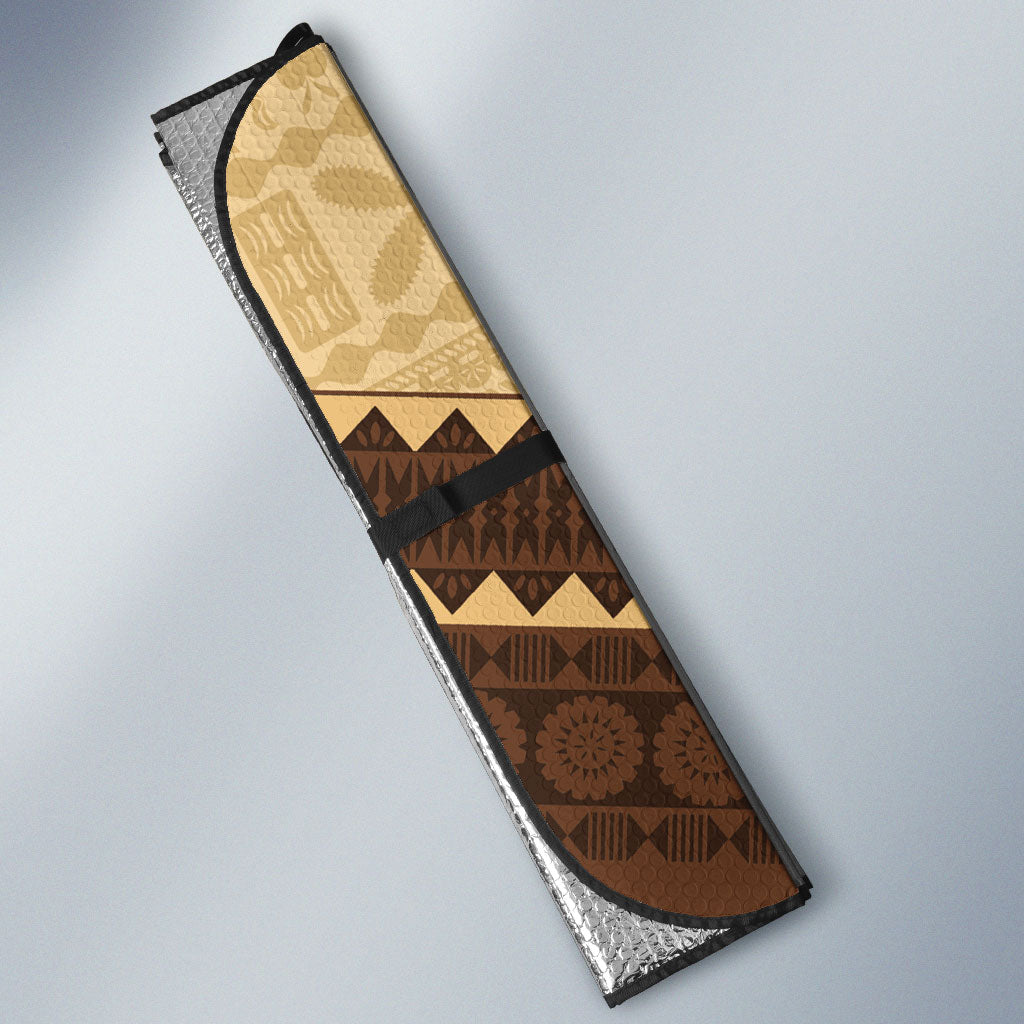 Personalised Bula Vinaka Fiji Drua Auto Sun Shade Fijian Traditional Canoe Tapa Cloth Beige LT14 - Polynesian Pride