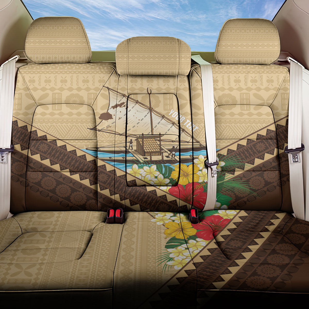 Personalised Bula Vinaka Fiji Drua Back Car Seat Cover Fijian Traditional Canoe Tapa Cloth Beige