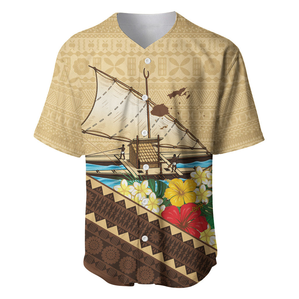 Personalised Bula Vinaka Fiji Drua Baseball Jersey Fijian Traditional Canoe Tapa Cloth Beige