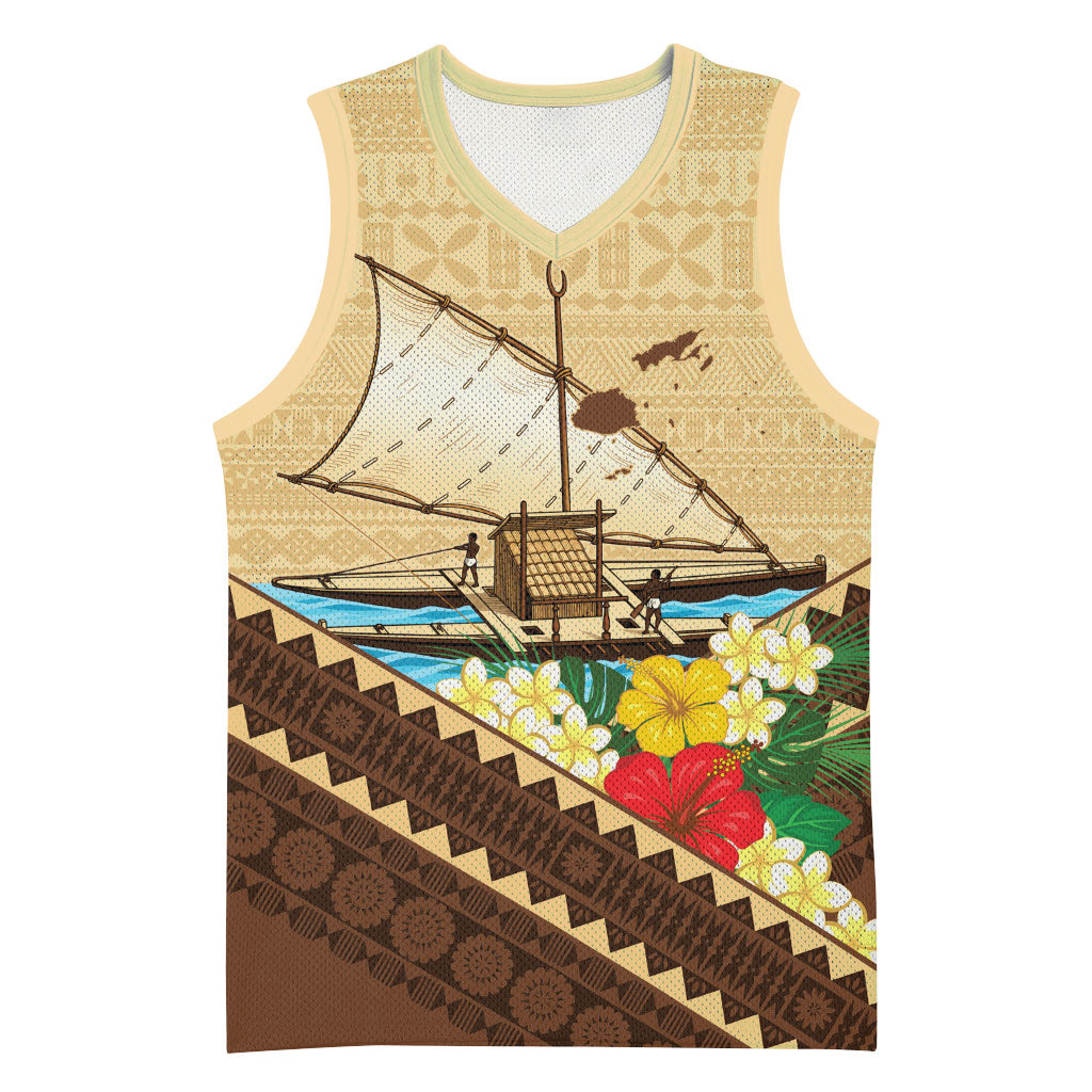 Personalised Bula Vinaka Fiji Drua Basketball Jersey Fijian Traditional Canoe Tapa Cloth Beige