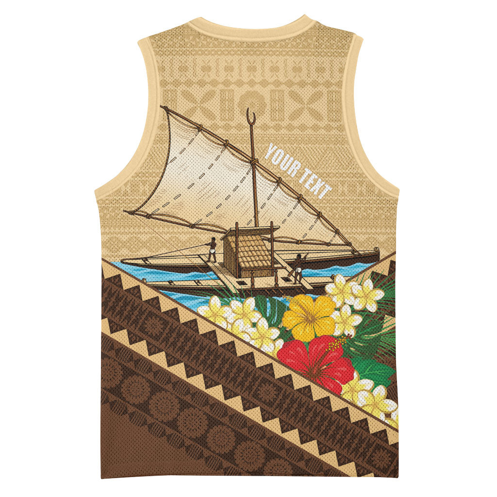Personalised Bula Vinaka Fiji Drua Basketball Jersey Fijian Traditional Canoe Tapa Cloth Beige LT14 - Polynesian Pride