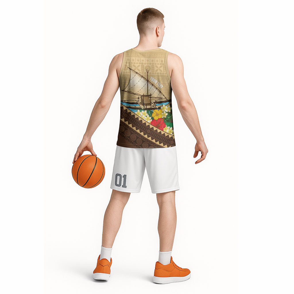 Personalised Bula Vinaka Fiji Drua Basketball Jersey Fijian Traditional Canoe Tapa Cloth Beige LT14 - Polynesian Pride