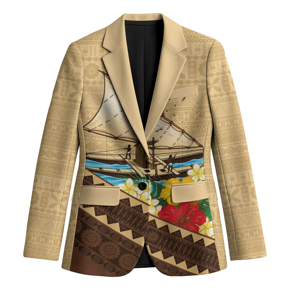 Personalised Bula Vinaka Fiji Drua Blazer Fijian Traditional Canoe Tapa Cloth Beige