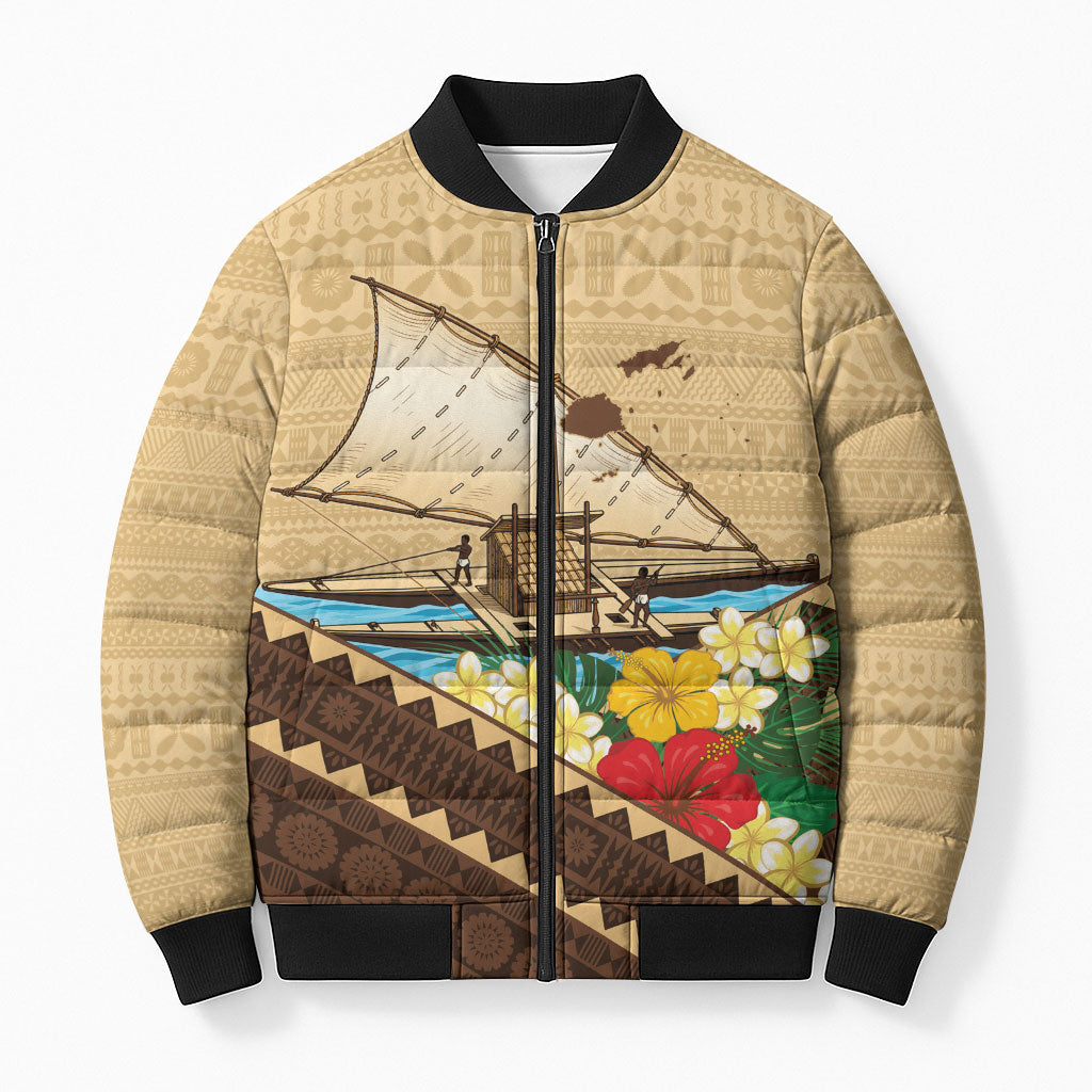 Personalised Bula Vinaka Fiji Drua Bomber Puffer Jacket Fijian Traditional Canoe Tapa Cloth Beige